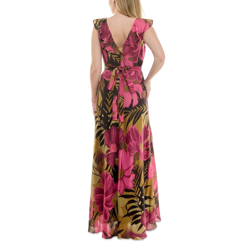 Taylor Women's Ruffled V-Neck Sleeveless A-Line Maxi Dress Taupe Fuchsia Size 2 - Picture 3 of 13